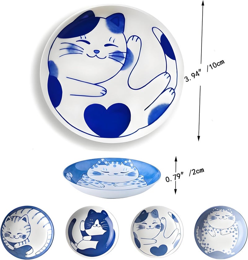 Sisims Japanese Cute Cat soy sauce Plates,Japanese soy sauce plates,Ceramic Dipping bowls for Appetizer Dessert Sushi Sauce 3.94 x 0.8 Inches Set of 4 - Image 2